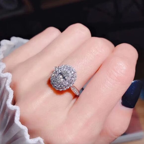 14k White Gold Diamond Ring Pave Diamond Oval Cut Ring - Picture 3 of 5